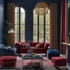 Placeholder: Living room in midnight blue, red and gold. large window with curtains