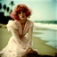 Placeholder: Clara bow on the beach, in the wind, white lace dress, pink hair,autochrome