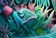 Placeholder: hyperdetailed photorealistic flytrap, background lush tropical lagoon, 16k resolution, wildlife photography, dynamic lighting. detailed matte painting, deep color, fantastical, intricate detail, splash screen, complementary colours, fantasy concept art. Woodblock carving, moulded resin forms and enamel, shell-pink and baby blue and light green pearlescent sheen. 3 dimensional forms with soft shadows, background faded water colour, Bas-relief, Chiaroscuro, Neon Black, Melting wax