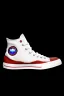 Placeholder: A red converse sneaker, superman theme on material