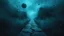 Placeholder: passage over nothingness, surreal, dark and cold abstract artwork dominated by deep blue, icy cyan, charcoal black and muted steel-grey tones. An narrow passageway emerges from an abstract distorted weird landscape, surrounded by thick fog and drifting mist. The space feels nightmare, alien and unsettling, with floating circles and balls geometric forms, fragmented land, perspective. At the center of the composition cracked stone way over abyss