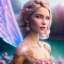 Placeholder: enlighten, light pink colors, the whole body of a beautifull woman with happy smiling blond bright fairy with wings, blue eyes , crystals, blue gold dress, blue sky, flowers landscape all colors trees pink, , water river . 8 K, fantasy