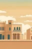 Placeholder: Create a clear and atmospheric simple stroke no line vector about a cityscape located in persia in ancient times desert environment Emphasize the dusty and sandy streets that have no sidewalks, featuring mostly dirt roads. Illustrate a simple brick building with a minimalist, box-like facade, and depict the building with very smiling people in the background. Capture the unique atmosphere of the city