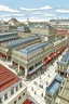 Placeholder: Draw for me a longitudinal market for shopping in the Canadian city of Ottawa, with a roof at the top, containing restaurants, clothing stores, and entertainment places.