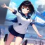 Placeholder: Clear focus,High resolution, Black short fluffy hair, and blue eyes, wearing a sailor uniform, must wear a short skirt with a horizontal line, Blushing, Jumping