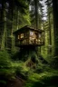 Placeholder: a tiny house in the high end of a big tree, in the middle of a dense forest.