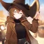 Placeholder: Clear focus, High resolution, short brown spiky hair, hair between eyes, eyes closed, wearing a brown detective hat, wearing a brown jacket and a black shirt, wearing black shorts, 1girl, pulling hat down, smiling, wearing a oversized hoodie