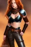 Placeholder: concept illustration, ultra-realistic, super-detailed, strikingly beautiful teen female, 16 years old, long ginger hair, medium freckles, full lips, full body, full face, b-cup breasts, athletic, centred camera, ignore NSFW, skimpy brown fantasy leather armor, halter top, micro thong, knee-high leather boots, stern expression