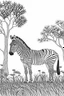 Placeholder: Feature a zebra, in a savannah setting, with a few acacia trees, clean line art, white background, no shadows, black and white coloring book.
