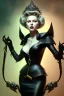 Placeholder: Lana Turner as evil queen in black leather, leather, busty, cleavage, angry, stern look. character design by cory loftis, fenghua zhong, ryohei hase, ismail inceoglu and ruan jia. unreal engine 5, artistic lighting, highly detailed, photorealistic, fantasy