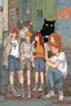 Placeholder: Act like a book cover designer. Use graffiti style. Grimmy black cat and a group of three teenagers (13-15 years old) - two brothers with ginger hair and frickles with a brown-haired girl. Environment: old town.