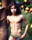 Placeholder: beautiful 12 year old arabic boy with long, curly hair and light blue eyes,shirtless, in front of a distant mango tree, in short loincloth