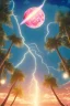 Placeholder: 1980's vaporwave aesthetic palm trees with lightning with lunar eclipse crescent in the ocean waves sunset