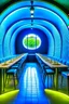 Placeholder: A restaurant whose outer walls are oval in shape, the color of the inside is blue, and its floor is light, with one large table in the middle of the restaurant in the shape of an oval, the length of which is 6 meters.