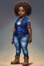 Placeholder: create an oil painting image of a plus size chibi dark skinned Black female wearing a sapphire blue jean outfit with timberland boots. Prominent make up with brown eyes. Highly detailed tight curly ombre dread locs