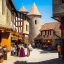 Placeholder: vibrant medieval village under siege by mythical forces