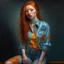 Placeholder: pretty girl, aged 21, ginger, attractive, colourful clothes, realism, jeans