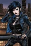 Placeholder: Goth_punk style,dynamic pose, full body ,((on top of a rooftop at night)), blue and black hair mix, shiny eyes, dark lipstick, goth black leather jacket with spiky decorations, blue shirt, black leather tight pants, combat boots with spiky decorations, goth black belt with spiky decorations, sharp focus, detailed, intricate detail, splash screen