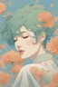 Placeholder: wind blowing from below, portrait of beautiful woman with short green hair, tears flowing upwards into the sky, loose lines, flowers, smoke, pastel orange and pastel blue, sense of liberation, concept art, art by james jean, takato yamamoto, 4k, concept art, illustrative