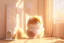 Placeholder: cute fluffy chibi beige cat measuring fever in a modern room in sunshine