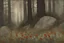 Placeholder: Cloudy day, flowers, rocks, forest, gothic horror influence, disturbing, people, mistery, hans am ende mpressionism paintings