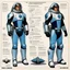 Placeholder: character concept sheet with AD&D statistics and characteristics for the TTPRG "Valerian and Laureline", [illustration by Jean-Claude Mézières (1967)] spacio-temporal agent Kael Dravan (male human), in spacesuit, ready to drive a spaceship