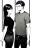 Placeholder: an fashionably dressed girl and another dressed in jeans and a T-shirt walk in the city, line arts, greyscale