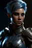 Placeholder: create a female air genasi from dungeons and dragons, dark gray short hair, light blue eyes, wind like hair, wearing hot leather clothing that also looks studded, realistic, from waist up, digital art, high resolution, strong lighting