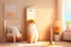 Placeholder: cute fluffy chibi beige cat with a giant thermometer in a modern room in sunshine