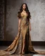 Placeholder: Full length picture A beautiful super model woman in a luxury butterfly gown batik pattern javanese heritage dress with delicate gold and full diamonds colored crystal jewelry, walking on stage with brown long hair