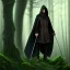 Placeholder: Male, Dark hair, Digital Art, Bow in hand, Hooded Cloak, Dark Forrest background