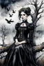 Placeholder: hyper realistic watercolor art style with ink of a steampunk gothic style young woman. She is like doll with pale skin, big dark eyes, tiny nose, tiny mouth, dark hair in gothic dress sitting on a dry tree branch. deep, dark colors, her face is melancholic, surreal with mysterious elements. fog, barren landscape, crows in the gray sky, thriller, weird style, smooth blending, extremely detailed, realistic textures, cinematic, dramatic lighting