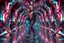 Placeholder: beautiful lady with todays modern clothing and sport shoes, in surreal stage made of 3d fractal random size recursive objects with helical strip colors in clothing similar to environment full body dancing to camera,animating background metallic random color and size recursive objects