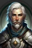 Placeholder: Please create an image for a 30-year old half-aasimar male with silver hair and a short, square beard and blue eyes. He is a cleric of Selune, whose symbol should be placed on the cleric's shield, if visible in the image. The cleric should be wearing chain mail, and carrying a warhammer or a mace and a shield