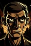 Placeholder: This image captures the essence of a man's face depicted in an animated style, reminiscent of the vibrant world of cartoons and cartoons. The artwork is meticulously designed, displaying the character's distinctive features, with the dominant foreground color being black, adding depth and intensity to the overall composition. The background is mostly brown, providing a contrasting background that highlights the character's features. The character's eye is particularly captivating, drawing