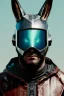 Placeholder: Medium Close Up Portrait, Front image. cyberpunk, rabbit mask helmet, strong man, titanium hair. Latex suit. Brown, black, color. Ghost Ryder style. Color background, photo studio. Avatar image, highly detailed, concept art, smooth, unreal engine 5, ray tracing, RTX, lumen lighting, ultra detail, volumetric lighting, 3d, finely drawn, high definition, high resolution.