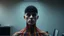 Placeholder: human figure visible only up to the shoulders of colorful threads , the threads forming the head are half-disintegrated, behind the threads in his head visible the dark universe with a few stars, he looking at the camera, in the background is gray and blurry office background, surreal image, detailed, sharp contrasts, realistic, cinematic, weird vibe