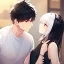 Placeholder: Boy with black hair, girl with white hair kiss