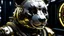 Placeholder: dark portrait of a detailed chrome & gold cyborg panda on a low gravity world. alien mega structures everywhere. futuristic. photoreal