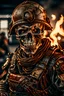 Placeholder: ultra high definition image of an attractive but scary looking skeleton, rising from the ashes, a war veteran, partially humanlike characteristics, army beret and ripped amo wear, very detailed, chaotic background, dramatic close-up action shot of him on a burned out war tanker with a torpedo on shoulder ready to fire and ammo ,gothic and dark theme, 12k