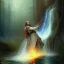 Placeholder: romantic fantasy spray painting, william Turner, watercolor, close up on dark robed poet playing lute for an elf in magical winding forest, satyr creature in waterfall, movie poster