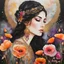 Placeholder: Alcohol ink art. Vibrant, fantasy, delicate, ethereal. A young woman, very long wild wavy, crow black hair, bright orange and white poppies and magenta flowers woven through hair, very long eyelashes. Head thrown back. Faberge gold and gems details. Background ink drip.