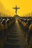 Placeholder: "A conceptual black-and- dark yellow, digital illustration of a massive roman warriors walking in the same direction, heads down, symbolizing conformity. Jesus on the cross in the background, The atmosphere feels lifeless and repetitive, emphasizing the ordinary mindset of the majority."