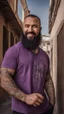 Placeholder: full figure photography of dirty smiling marocan burly muscular chubby strong man 38 years old with long raided beard, shaved hair, tattoo, photorealistic ,dressed with a purple torn and broken t-shirt, side light, outdoor in a dirty street