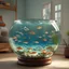 Placeholder: fish bowl in a suburban home with tiny sharks swimming in it, house cat dutifully watching bowl, hyperdetailed, realistic, dramatic, volumetric lighting, sharp focus, smooth, colorful