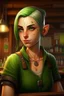 Placeholder: strong tomboy young woman who works at a tavern with pointy ears and green skin realistic