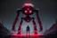 Placeholder: a colossal geometric hypermodern black and red neon bipedal robot with 1 ominous hexagonal eye staring at a person roaming in a monochrome black world far away