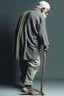 Placeholder: An old man wearing an Arabic keffiyeh, his back bent, walking barefoot, holding his cane upside down, looking back and holding his shoe in his hand.