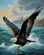 Placeholder: Alcatraz bird plummeting into the sea, portrait, ultra quality, hyper detailed, hyper realistic, oil painting, artwork, 8k