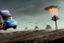 Placeholder: A Tesla 'Semi' (semi truck) is going at a high speed, in the battle against Martians of "The War of the Worlds". (CINEMATIC, WIDE ANGLE LENS, PHOTO REAL)